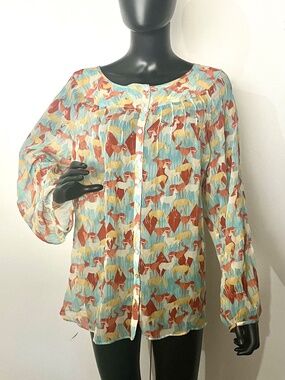 Women's Sundance Crinkle Silk Top, Size XL, Sheer Antelope Print, Like New